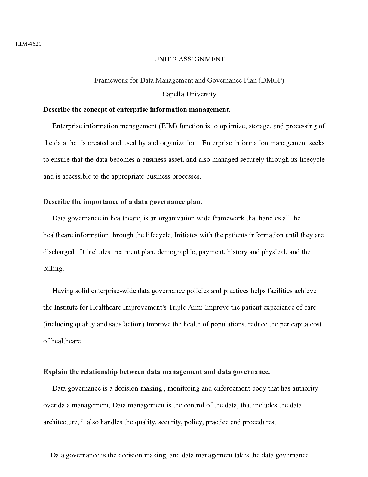 Preview image of UNIT 3 ASSIGNMENT HIM 4620.docx  HIM-4620  UNIT 3 ASSIGNMENT  Framework for Data Managemen document